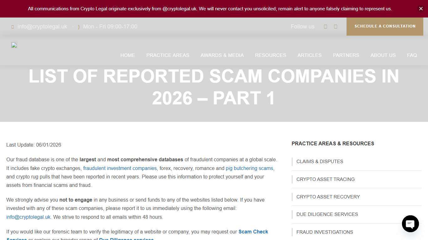 LIST OF REPORTED SCAM COMPANIES IN 2026 - PART 1 - Crypto Legal
